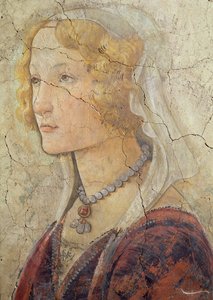 Venere e le tre Grazie offrono doni a una ragazza, (dettaglio della testa della ragazza) da Sandro Botticelli