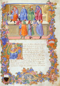 Tribunale della Mercanzia, miniatura dagli Statuti dei Mercanti n. 6 da Sano di also Ansano di Pietro di Mencio Pietro