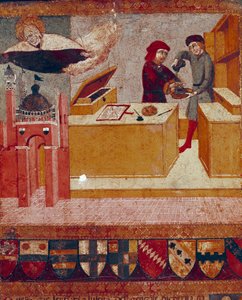 Il camerlingo che simbolicamente si lava le mani mentre la Vergine benevola e protettiva vola sopra la città di Siena Dettaglio. Dipinto su legno di Sano di Pietro (1406-1481) che decora una Biccherna (copertina del registro contabile della città di Siena)