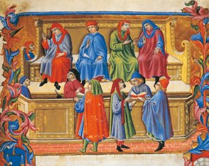 Tribunale del Commercio (miniatura dagli Statuti dei Mercanti di Sano di Pietro, Italia XV secolo) da Sano di also Ansano di Pietro di Mencio Pietro
