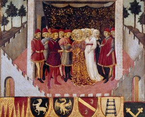 Cerimonia di matrimonio di una coppia della nobiltà della città di Siena Dipinto di Sano di Pietro (1406-1481) che decora una Biccherna (copertina del registro contabile della città di Siena) 1473. Siena Archivio di Stato, Italia