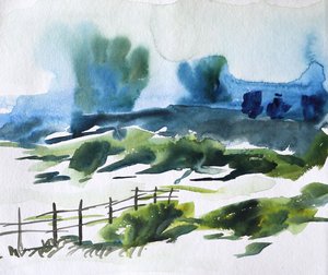 Paesaggio di campagna nebbioso