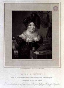 Miss S. Biffin, Nata a East Quantox-head, vicino a Bridgewater, Somersetshire, Senza Mani o Braccia, incisa da R.W. Sievier