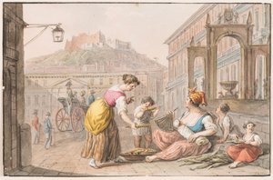 Acquerello; Una donna che vende mais arrostito
