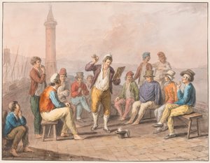 Acquerello; Rinaldo Rinaldini recita sul molo
