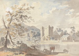 Castello sotto le montagne con cavalli vicino a un fiume da Sawrey Gilpin