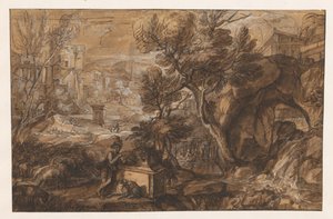 Paesaggio con pastore vicino a un sarcofago antico da Sébastien Bourdon (attributed to)
