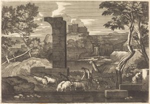 Paesaggio con contadino e il suo gregge da Sébastien Bourdon