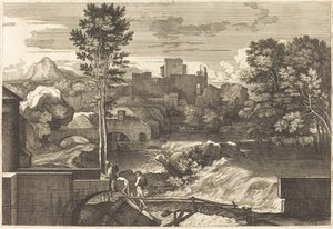 Paesaggio con due figure su un ponte da Sébastien Bourdon