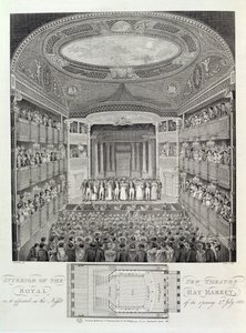 Interno del Nuovo Teatro Reale, Haymarket, come Appariva la Notte della sua Apertura, 4 luglio 1821, inciso da James Stow da Schebbellie