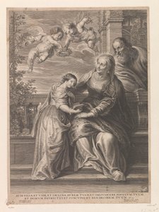 Maria con i suoi genitori Anna e Gioacchino da Schelte Adamsz. Bolswert