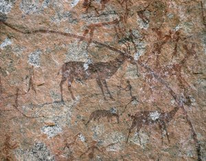 ARTE AFRICANA: Pittura rupestre a Ngomo Carera, nella catena di Domboshawa, 20 miglia a nord... (affresco) da School African