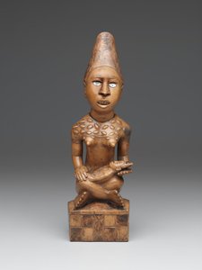 Figura femminile seduta con bambino (pfemba) Gruppo Yombe, Popoli Kongo (legno, vetro o mica e macchia) da School African