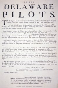 Facsimile della proclamazione dei patrioti di Filadelfia ai piloti del Delaware avvertendoli di non trattare con la nave del tè britannica, 7 dicembre 1773 da School American