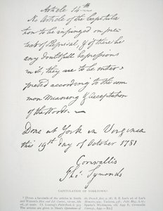 Lettera di capitolazione di Yorktown, firmata da Lord Cornwallis da School American