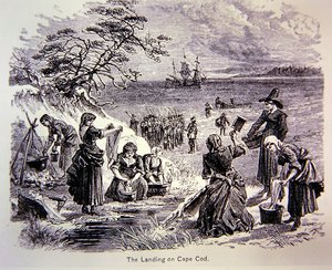 I Padri Pellegrini sbarcano in America nel 1620 - Lo sbarco a Cape Cod mostrando donne al lavoro