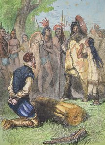 Pocahontas salva la vita di John Smith (incisione colorata) da School American