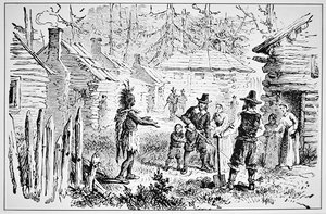 Samoset, capo dei Pemaquids visita i Padri Pellegrini nel 1621 da School American