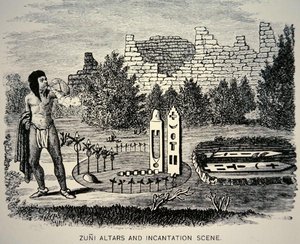 Zuni che soffia polline su un santuario Pueblo (incisione)