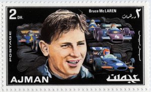 Francobollo degli Emirati Arabi Uniti che rappresenta il pilota automobilistico neozelandese Bruce McLaren (1937-1970) da School Arabic