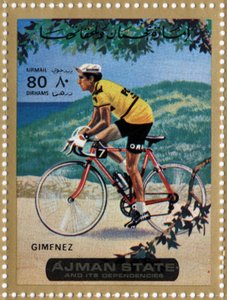 Francobollo degli Emirati Arabi Uniti che rappresenta il ciclista Julio Jimenez (nato nel 1934) da School Arabic