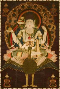 Buddhismo: "Mahamayuri" Rotolo del 12° secolo, pittura su seta da School Asian