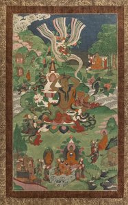 Taglio di capelli e altre scene. Thangka da un seguito dedicato ai principali episodi della vita del Buddha da School Asian