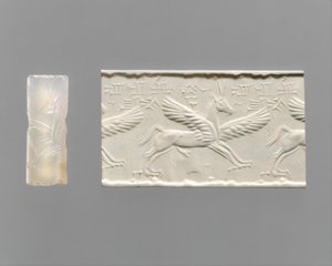 Sigillo cilindrico e impressione moderna: cavallo alato con artigli e corna, c. XIV-XIII secolo a.C. (calcedonio) da School Assyrian