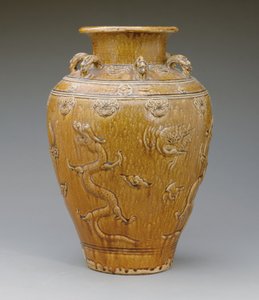 Grande vaso Martaban smaltato ambra-marrone da School Burmese