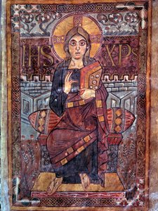 Arte carolingia: Cristo in maestà (in gloria). Miniatura dal manoscritto Evangeliaire de Godescalc, Ecole du Palais de Charlemagne (folio 3) copia di Godescalc dal tesoro di Saint-Sernin de Toulouse, Bibliothèque du Louvre, 781-783. BN, Parigi da School Carolingian
