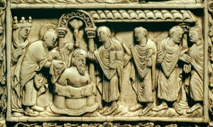 Arte Carolingia: (dettaglio) il battesimo di Clodoveo I (466-511) alla presenza della Regina Clotilde il 25/12/498. IX secolo. Amiens, Museo della Piccardia