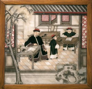 Piatto decorativo in marmo rappresentante lettere nel loro armadietto. Marmo dipinto, Dinastia Qing (1644-1911), arte cinese. Museo d