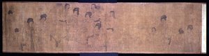 Signore del palazzo a riposo, rotolo a mano, dettaglio di signore che fanno musica, dopo un originale di Wen-chu Chou, periodo Sung meridionale, c.1140 da School Chinese