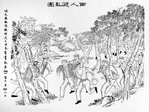 Rivolta dei Boxer: Gli europei in fuga di fronte ai Boxer. Illustrazione pubblicata sul Journal de Shanghai Toung-Ouen-Hou-Pao. Circa 1899. da School Chinese