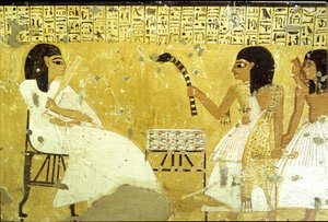 Antico Egitto, Pittura murale, Tomba di Inherkhau, Tebe, Inherkhau davanti ai suoi figli che svolgono i doveri di un sacerdote, Indossando una pelle di leopardo, Valle dei Nobili, XX dinastia da School Egyptian