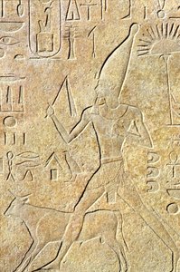 Antico Egitto, Incisione murale, Karnak/Luxor, Hatshepsut che corre con il toro, Festival Heb-sed