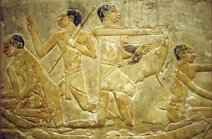 Antico Egitto, Incisione murale/pittura, Mastaba/Tomba di Idout, Saqqara, Cattura di uccelli nella palude, VI Dinastia (foto)