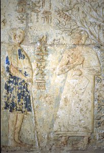 Antico Egitto, Incisione murale/pittura, Tomba di Petosiris, Tuna el Gebel, 300 a.C., Petosiris e sua moglie (foto) da School Egyptian