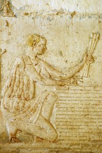 Antico Egitto, incisione/pittura murale, Tomba di Petosiris, Tuna el Gebel, 300 a.C., La raccolta del lino da School Egyptian