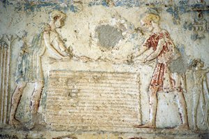 Antico Egitto, Incisione/affresco murale, Tomba di Petosiris, Tuna el Gebel, 300 a.C., La raccolta del lino da School Egyptian