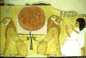 Antico Egitto, Pittura murale Tomba di Inherkhau, Tebe, Inherkhau che adora due leoni, guardiani di oggi e domani, XX dinastia da School Egyptian