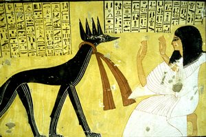 Antico Egitto, pittura murale Tomba di Inherkhau, Tebe, Tomba dei Nobili, XX dinastia, Inherkhau che adora gli dei sciacallo