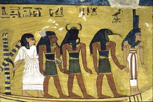 Antico Egitto, Pittura murale Tomba di Inherkhau, Tebe, Tomba dei Nobili, XX dinastia, Inherkhau nella barca solare con Iside, Thoth e Khephri