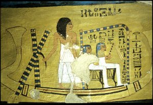Antico Egitto, Pittura murale Tomba di Inherkhau, Tebe, Tomba dei Nobili, XX dinastia, Inherkhau che guida una barca con due Dei seduti in un santuario da School Egyptian