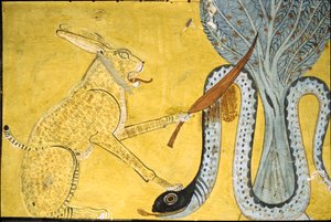 Antico Egitto, pittura murale Tomba di Inherkhau, Tebe, Tomba dei Nobili, XX dinastia, Amon ( Gatto ) che uccide il serpente, raffigurante Amon che sconfigge il serpente, Apophis sotto l