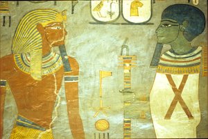 Antico Egitto, Pittura murale, Tomba di Ramesse I, Valle dei Re, XIX dinastia, Ramesse I davanti a Ptah, Dio della Creazione da School Egyptian