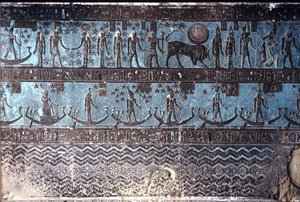Antico Egitto, Pittura murale/incisione, Simboli astrologici dal soffitto della sala ipostila esterna, Tempio di Hathor, Dendera da School Egyptian