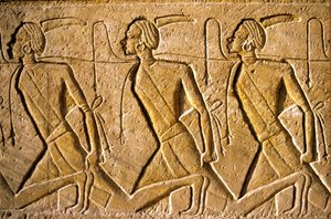 Antico Egitto, pittura/scultura murale, fila di prigionieri rappresentanti il popolo Kushita, raffigurati come africani, sconfitti da Ramesse II, Tempio di Ramesse II, Abu Simbel