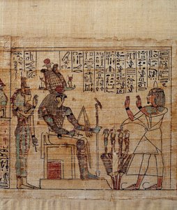 Arte egizia antica: papiro mitologico di Serimen. Serimen in adorazione davanti al dio Ptah-Sokar-Osiride seguito da Iside. Manoscritto della XXI dinastia (ca. 1069-945), terzo periodo intermedio (ca. 1069-664 a.C.)