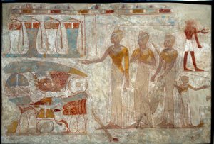 Arte egizia antica: musicisti a un banchetto. Dipinto su limo (circa 1400 a.C.)